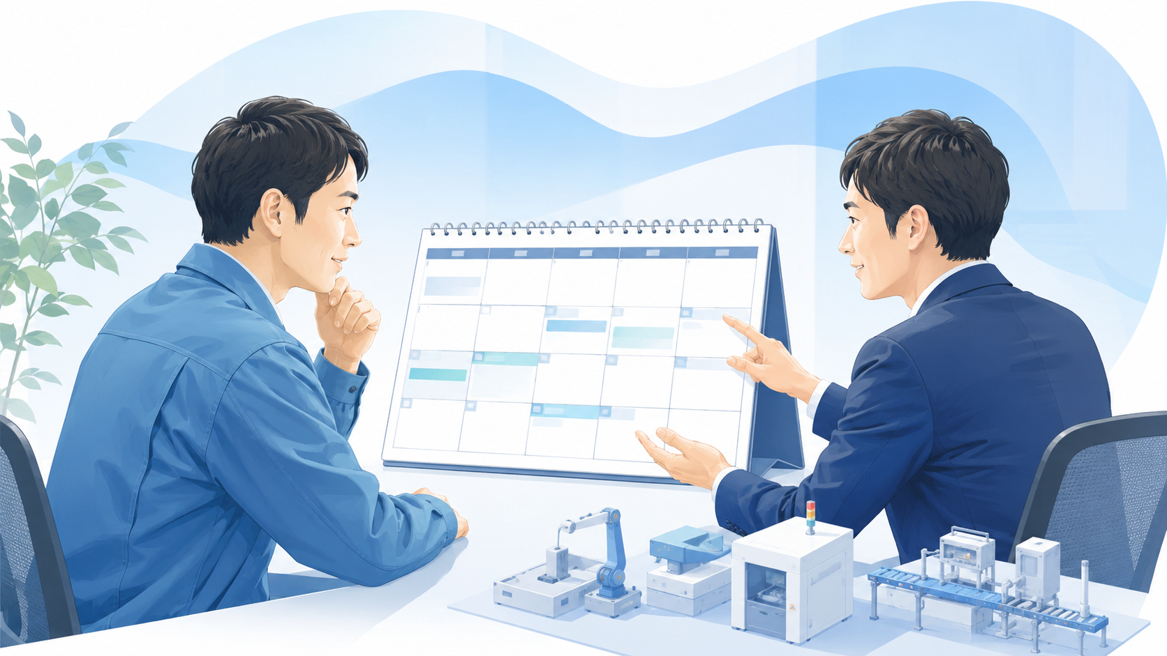 カレンダーを見ながら設備の導入時期を検討する中小企業の担当者のイラスト