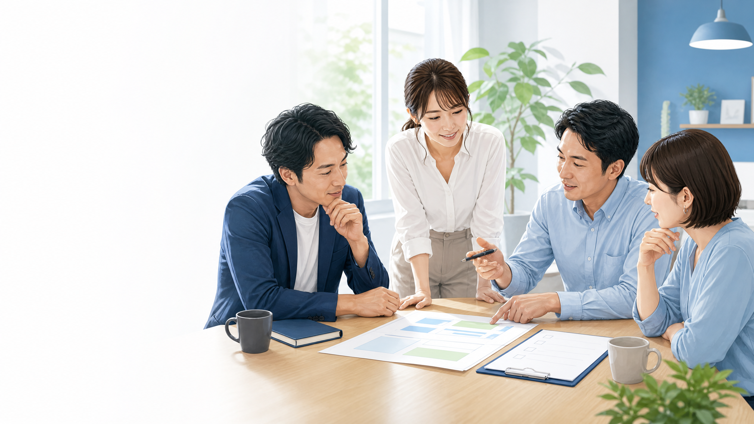 事業計画とチェックリストを確認しながら申請準備を進める中小企業の担当者たち